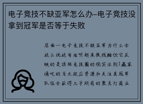电子竞技不缺亚军怎么办-电子竞技没拿到冠军是否等于失败